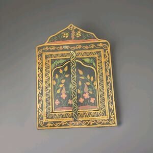 Wooden Shutter Mirror Hand Painted Black Gold 15 X 10.5" Floral